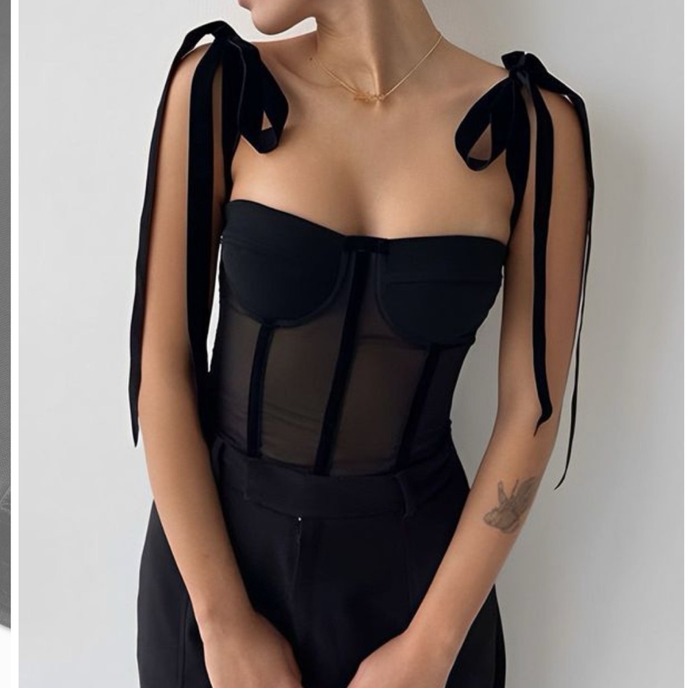 Black Mesh Corset Top with Velvet Tie Straps